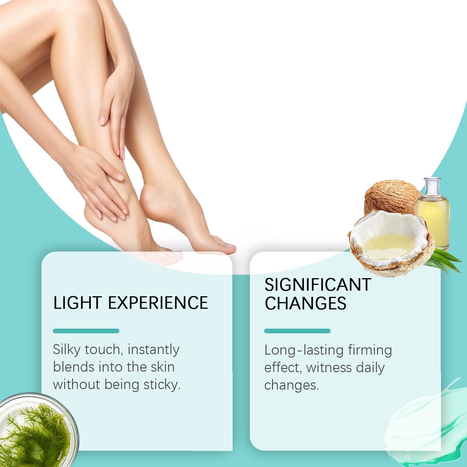 Lifestyle image of woman's smooth, toned legs in white underwear against turquoise background with light effects