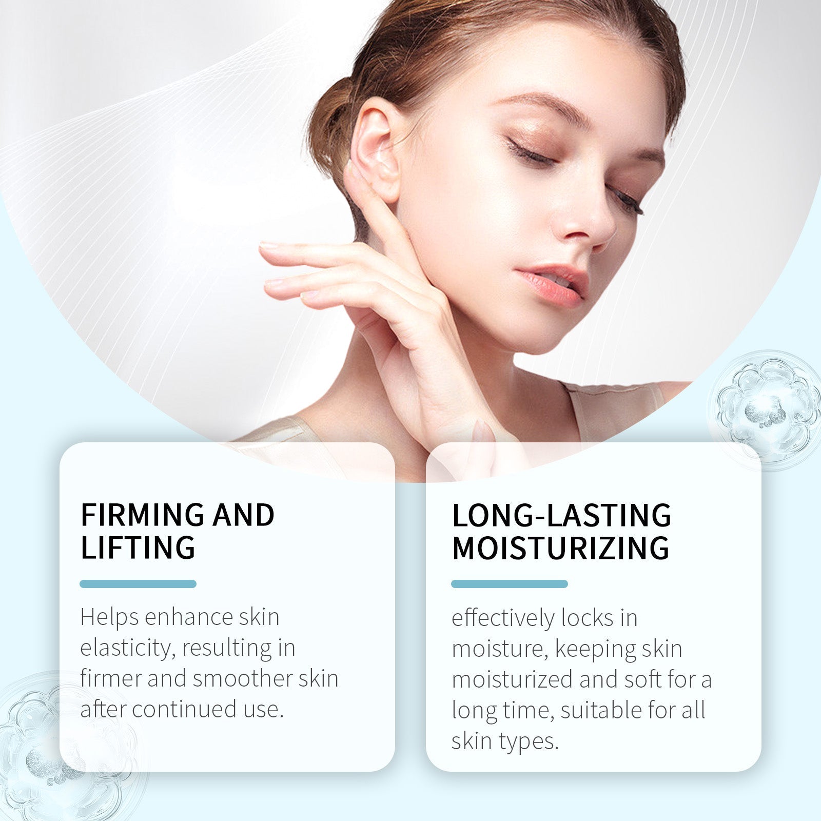 Woman with perfect skin profile next to water droplet splash containing blue hydrating liquid, demonstrating hydration and firming benefits