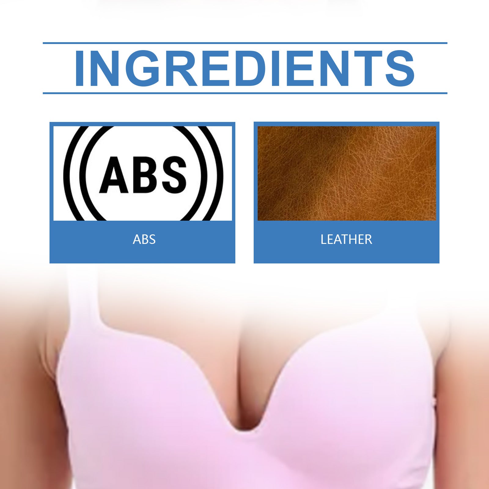Materials breakdown showing ABS plastic construction and brown leather electrode pads