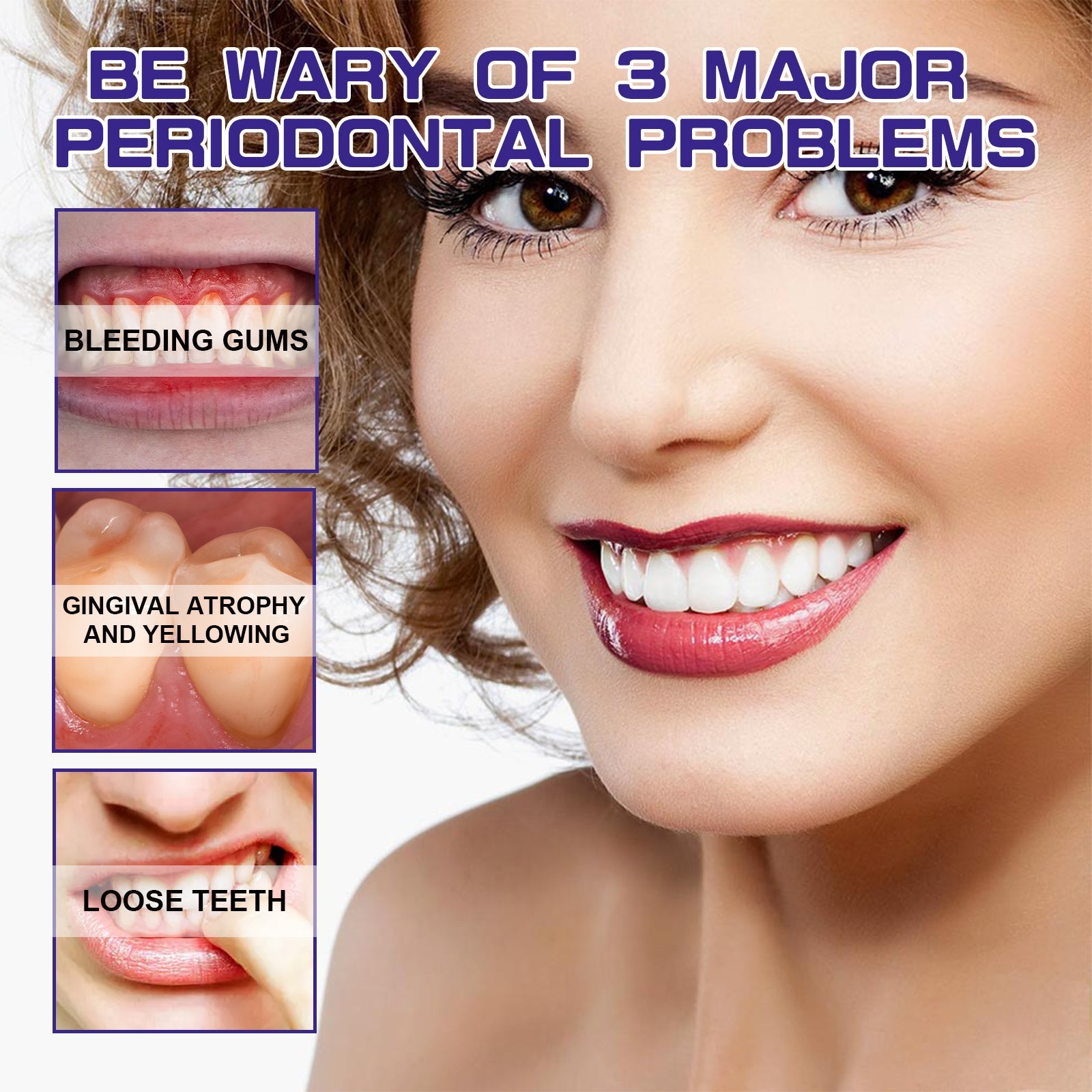 After smile close-up highlighting naturally white teeth with peppermint ingredient callout and sensitivity note