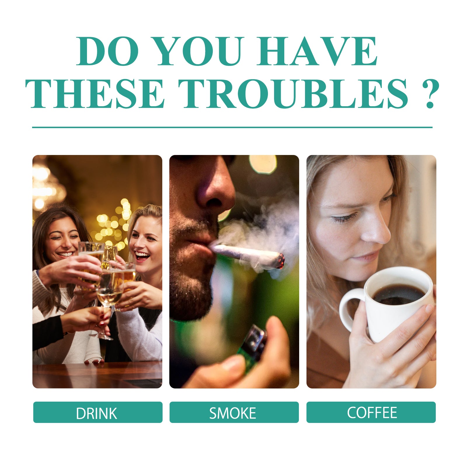 Three lifestyle scenarios showing common causes of tooth staining: wine/alcohol, smoking, and coffee consumption