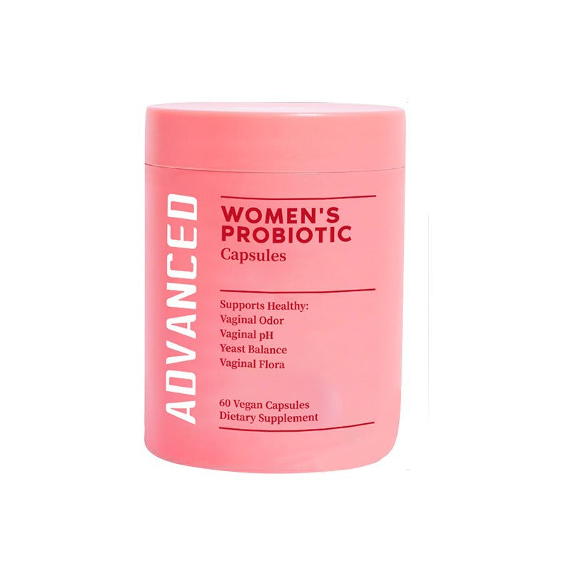 Front-facing product jar showing full label with 'ADVANCED' branding, benefit claims, vegan capsule count, and dietary supplement designation