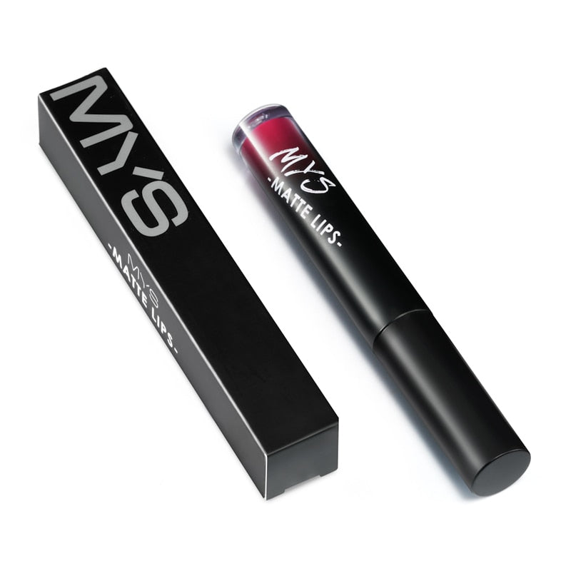Product tube with open black rectangular box showing MYS branding and Matte Lips text
