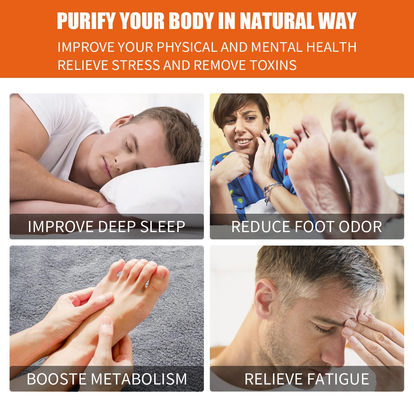 Four benefit-focused images: sleeping child, woman laughing with foot pads, hands in relaxation pose, and man relieving fatigue with text overlays 'Improve Deep Sleep,' 'Reduce Foot Odor,' 'Booste Metabolism,' 'Relieve Fatigue'
