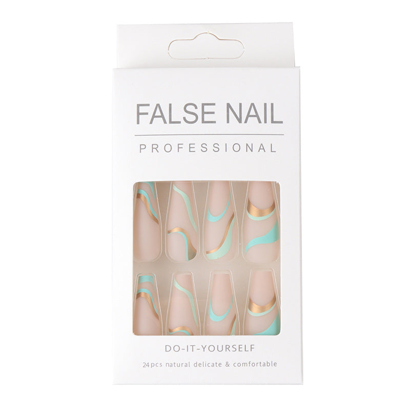 Long Ballet False Nails with Matte Gold Wave Design