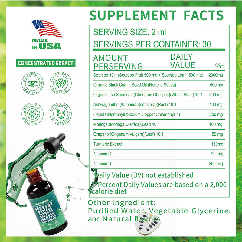 Detailed supplement facts label showing complete ingredient breakdown, serving size (2ml), 30 servings per container, Made in USA badge, and multiple certifications