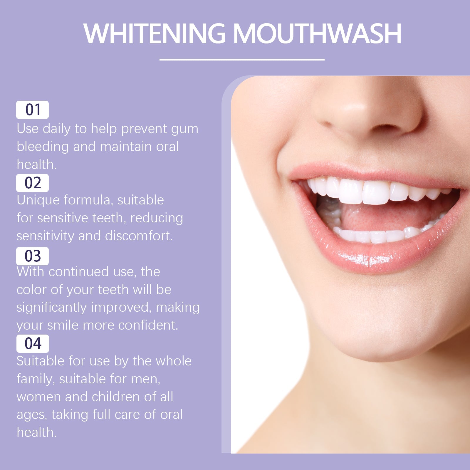 Close-up of woman's bright white smile demonstrating whitening results