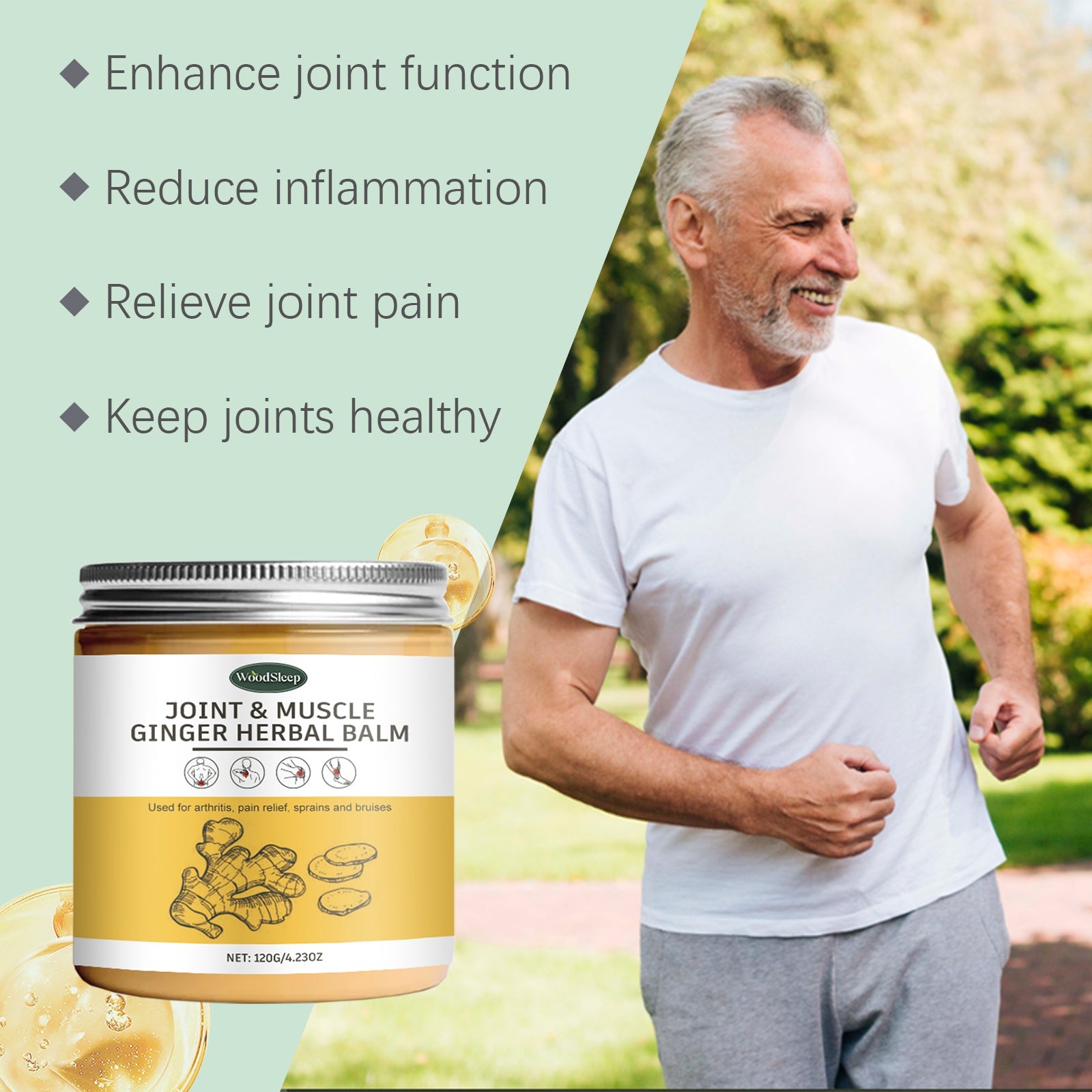 Middle-aged man jogging outdoors in white t-shirt with key benefit claims listed: enhance joint function, reduce inflammation, relieve joint pain, keep joints healthy