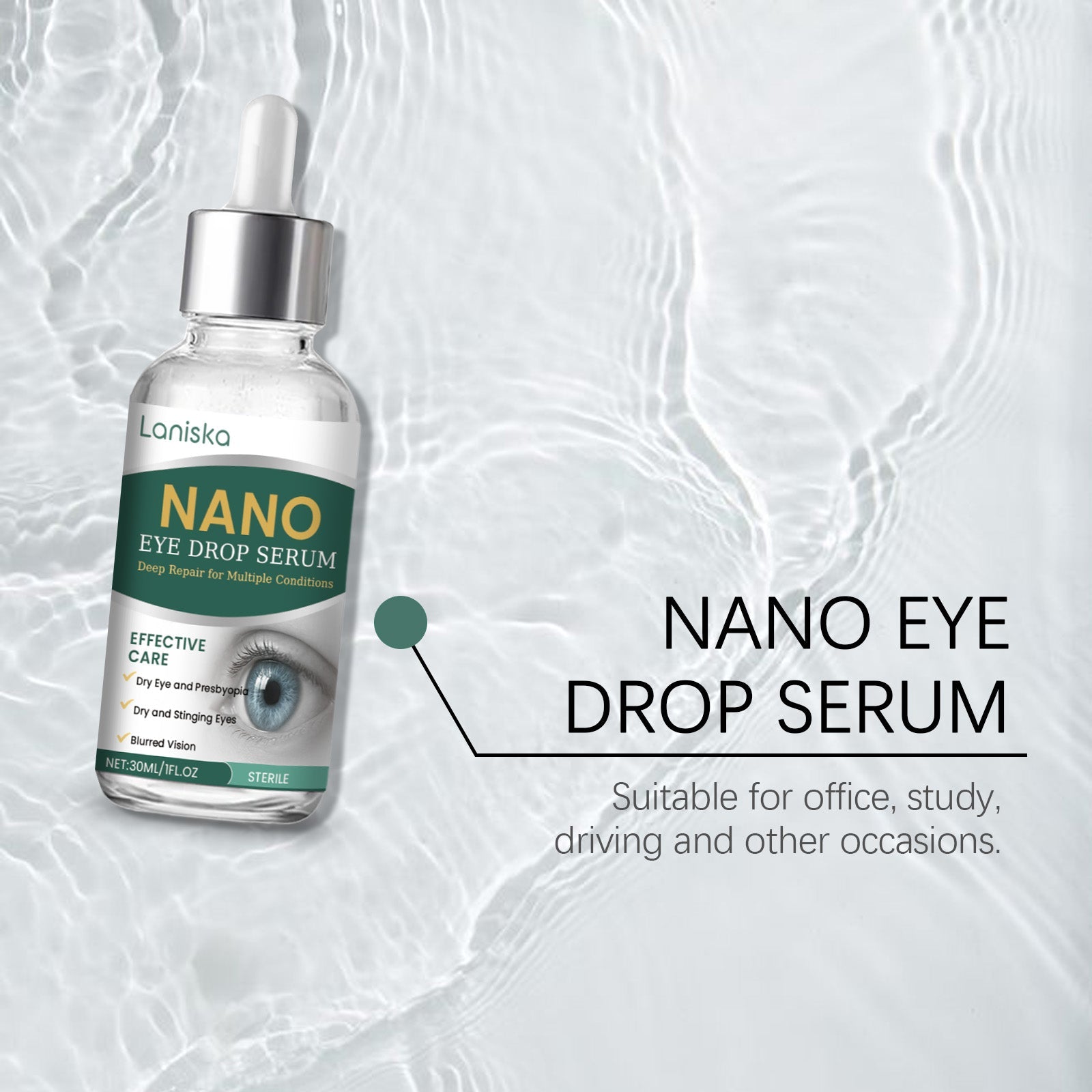 Product with contact lens overlays and teal callout boxes highlighting key benefits