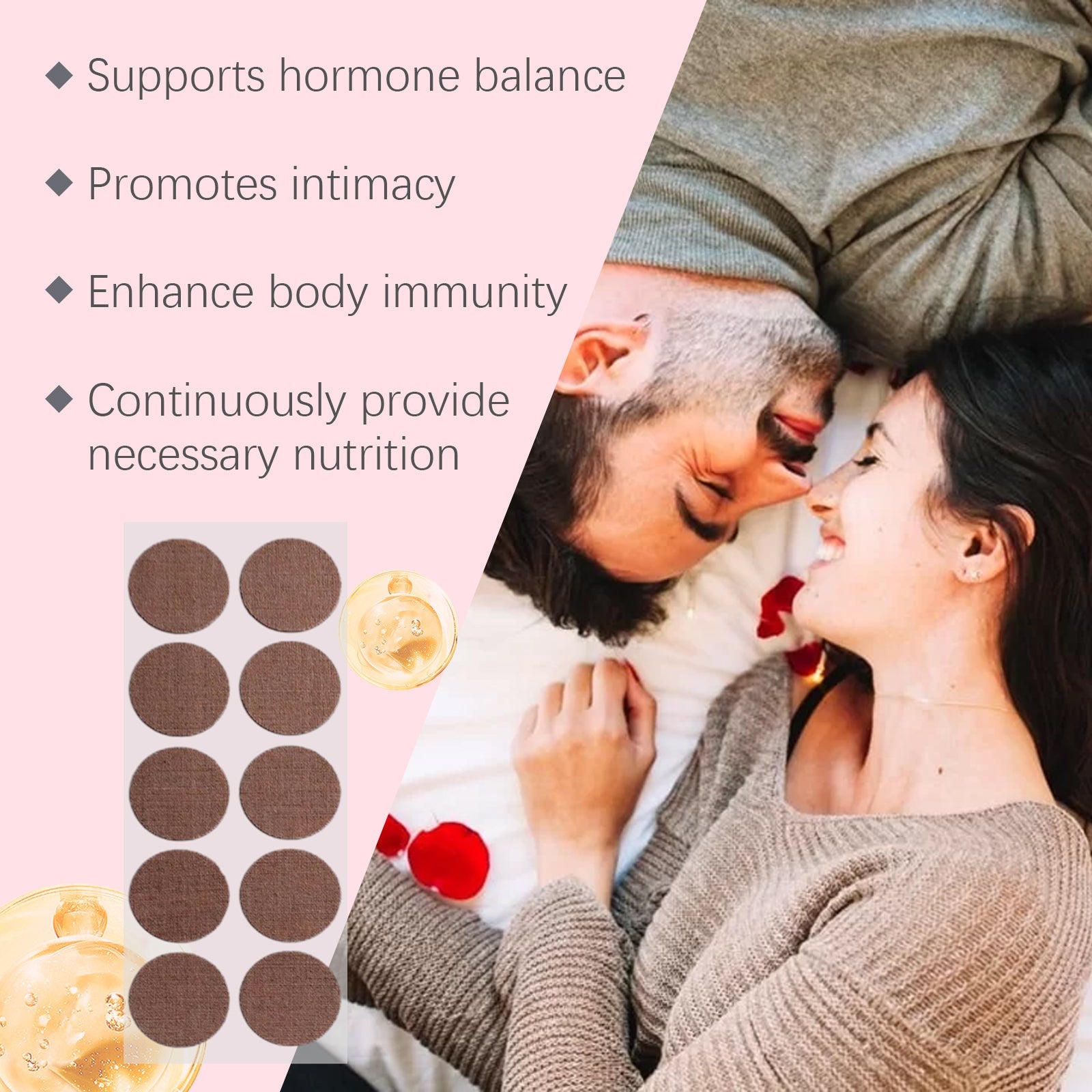Couple in casual clothing with benefit cards highlighting Energy Supplement and Performance Enhancement claims
