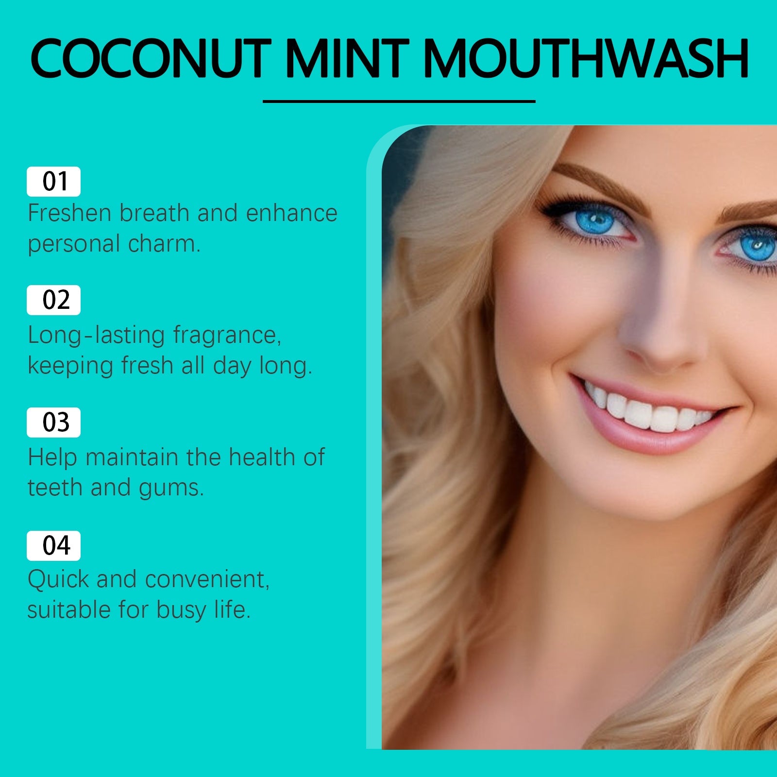 Infographic with turquoise background listing four key benefits with numbered steps and close-up of smiling blonde woman