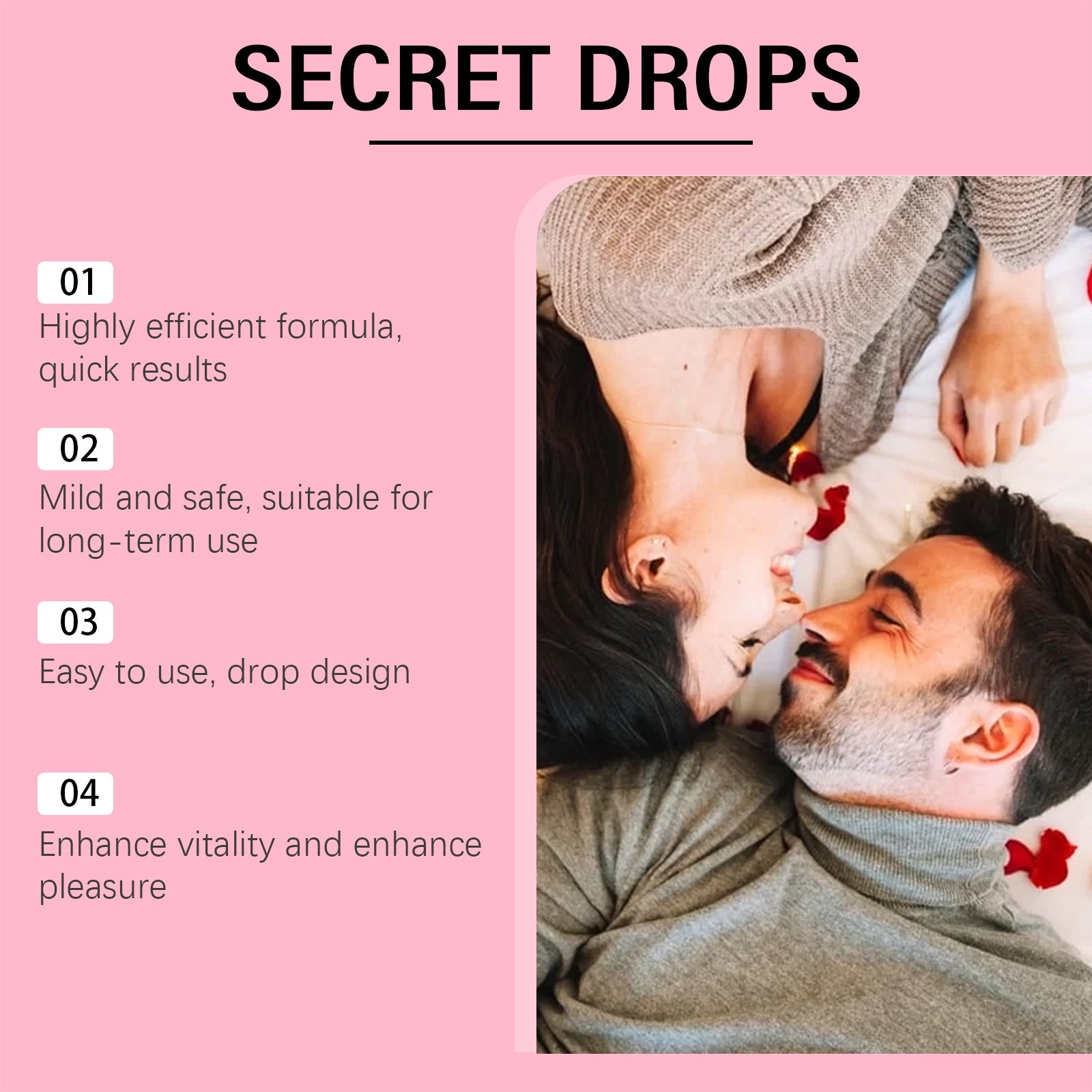 Pink background with numbered list of Secret Drops benefits (01-04) alongside intimate couple imagery