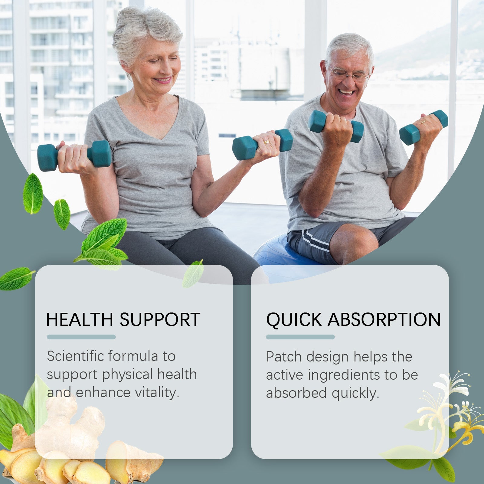 Active seniors exercising with dumbbells in bright apartment setting with mint leaf and ginger root imagery