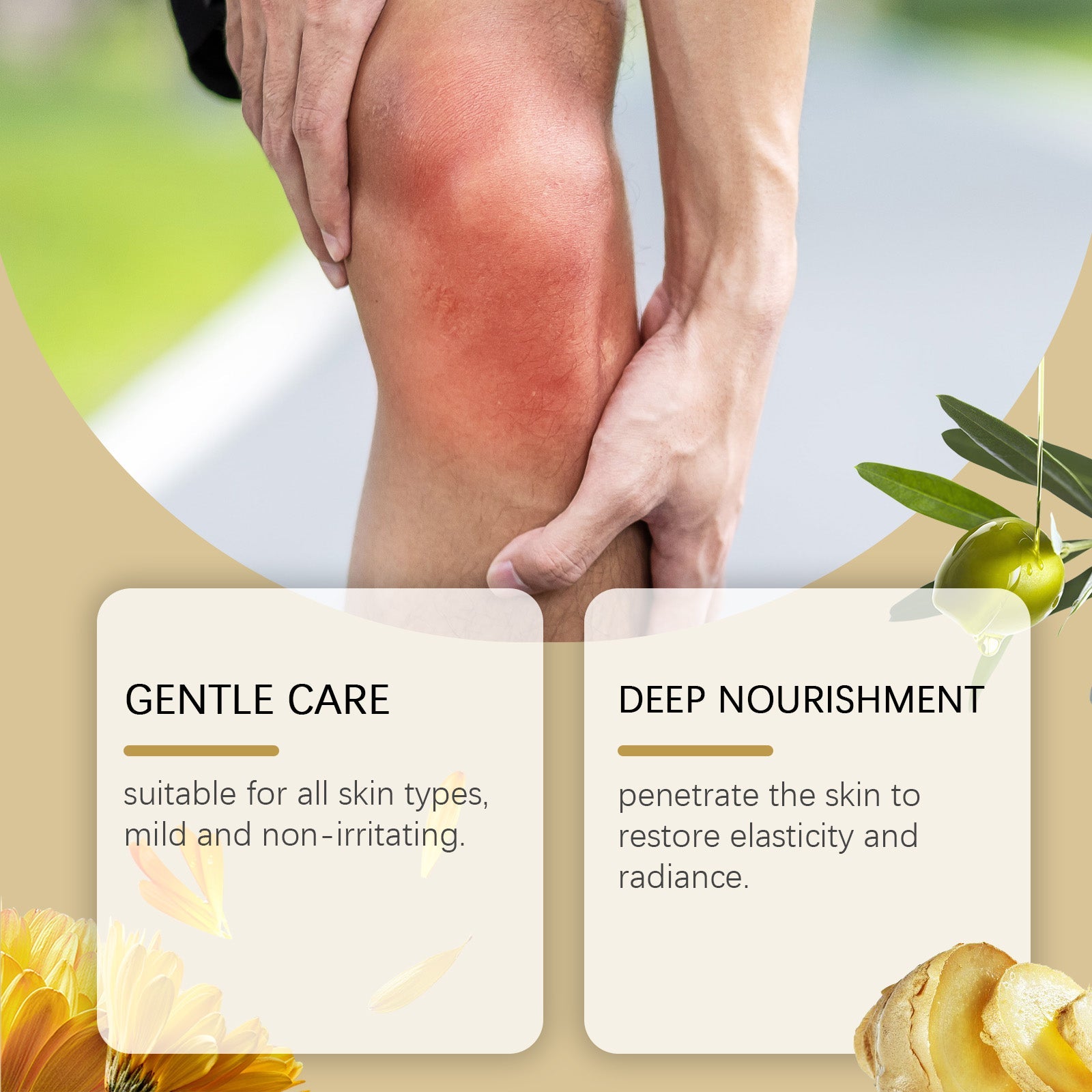 Split-screen comparison showing inflamed reddened leg on left with 'GENTLE CARE' and healthy restored leg on right with 'DEEP NOURISHMENT' messaging alongside turmeric ingredients
