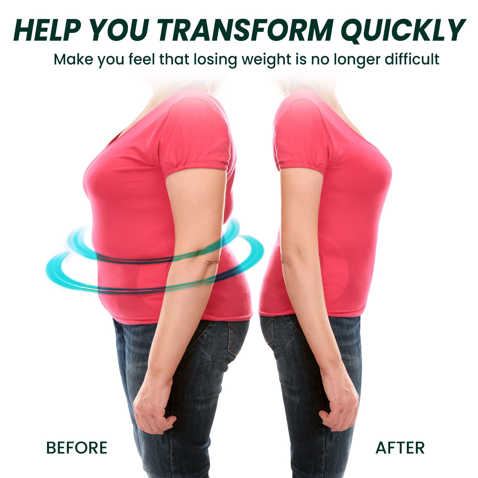 Before/after body transformation showing woman in pink shirt from side angles; left shows fuller midsection, right shows noticeably slimmer, more contoured waist with blue animated lines indicating reduction