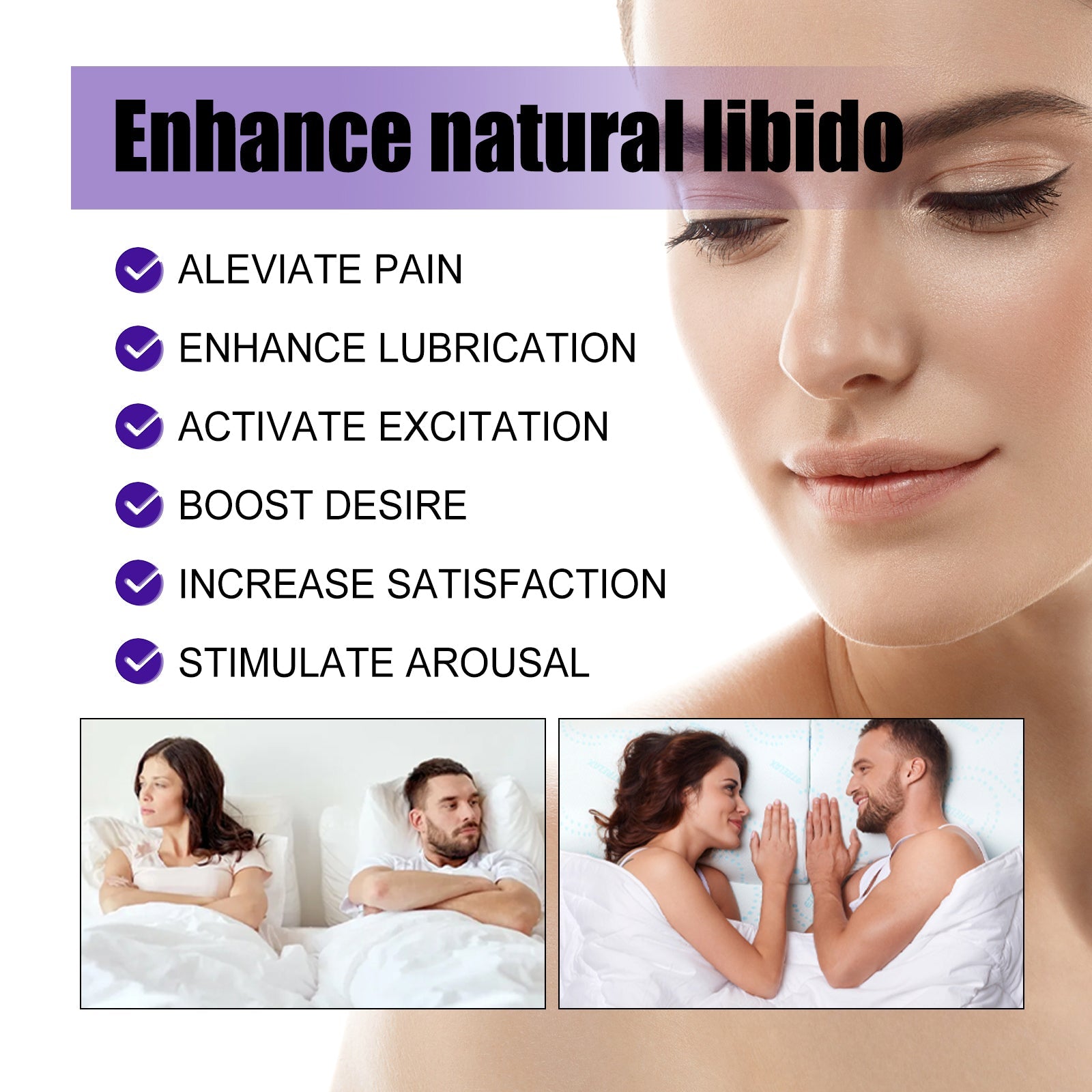 Male user showing excited expression with silhouettes showing instant libido boost progression and estrogen level increase over 5 minutes