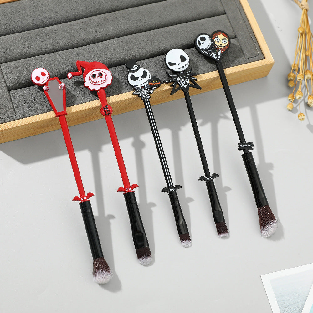 All 5 brushes displayed with measurements and silver drawstring pouch showing dimensions: bag 22x10cm, brushes 14.4–16.2cm, total 75g