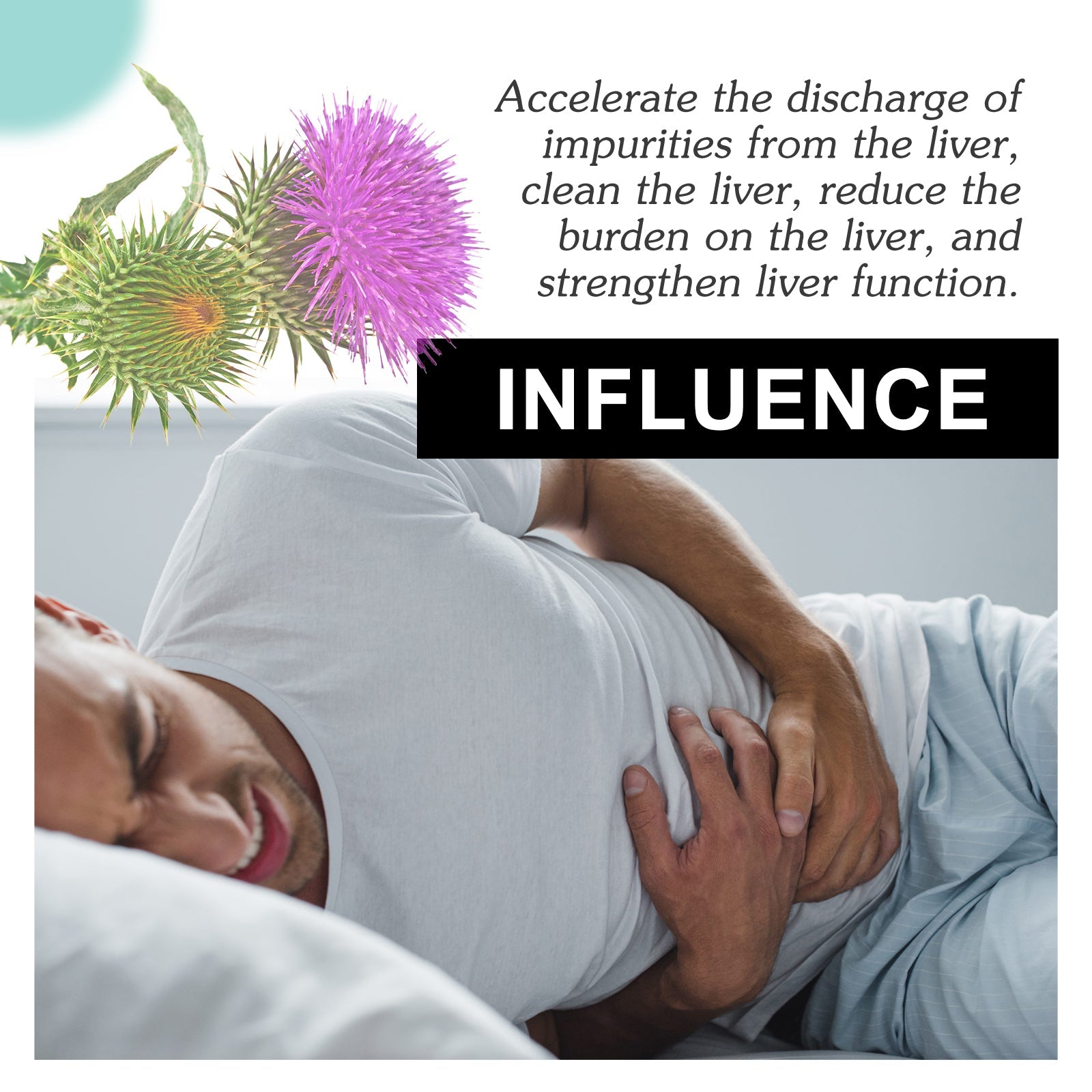 Thistle flower (purple) and ginger root with text overlay describing liver detoxification benefits and person holding stomach