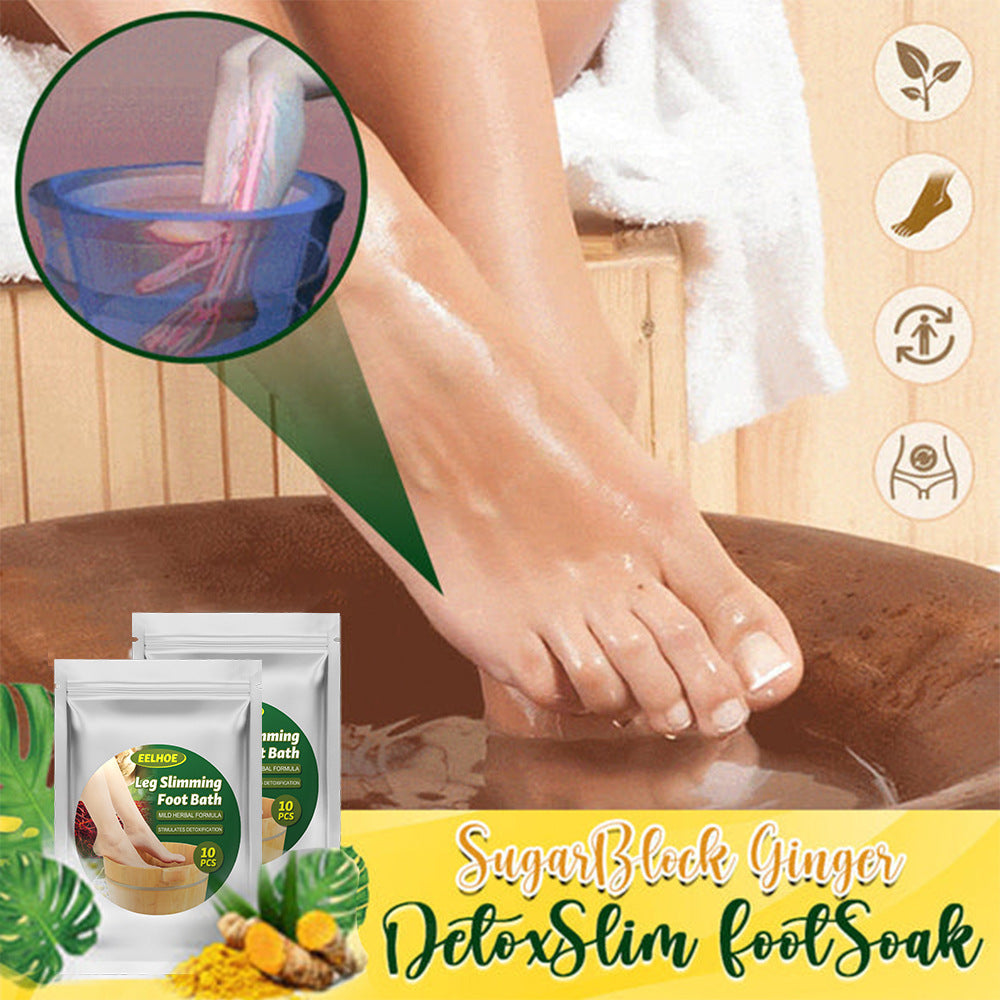 Side-by-side before/after leg transformation comparison with inset product shots and tropical botanical styling