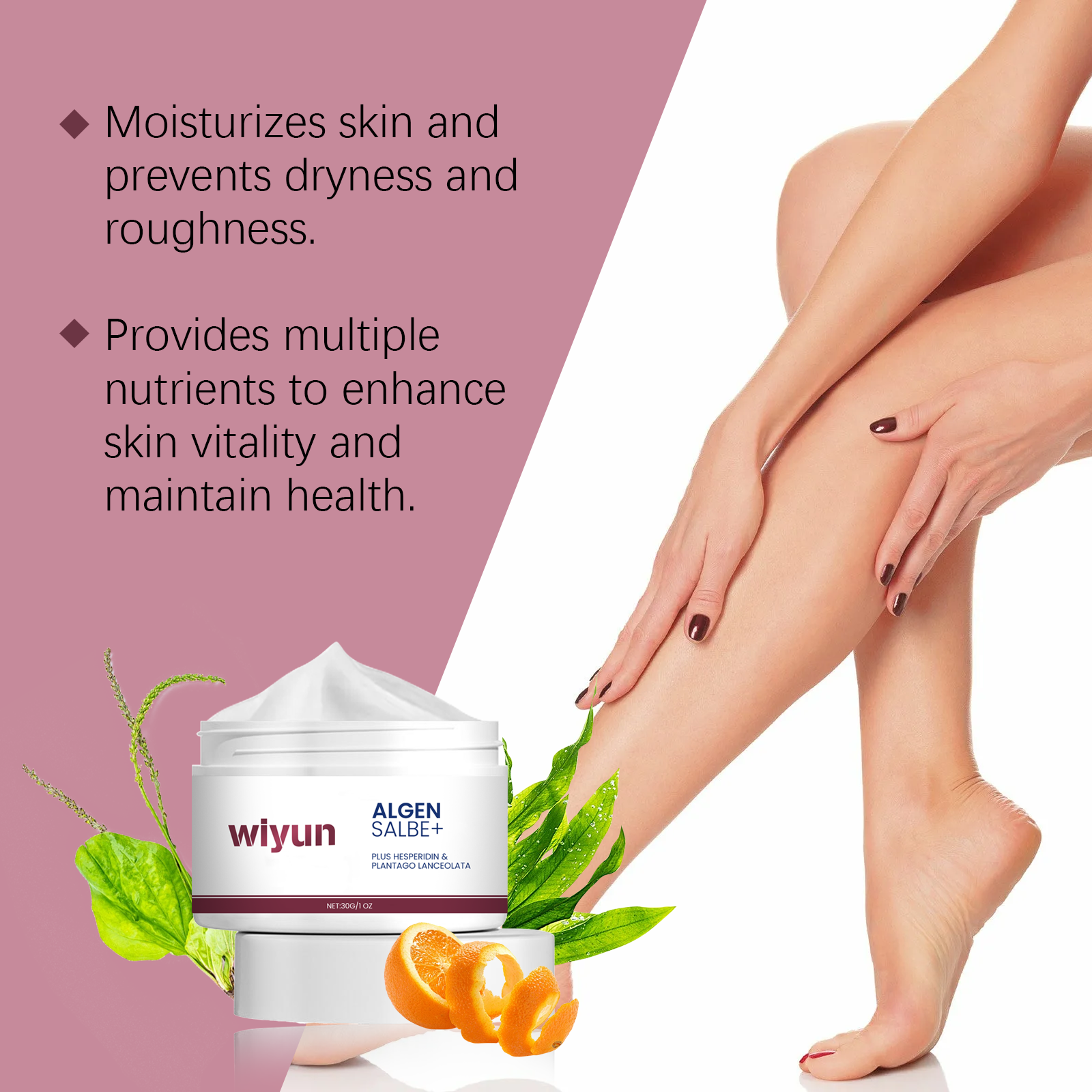 Woman applying cream to legs against burgundy and white background, demonstrating smooth application and immediate moisturizing effect