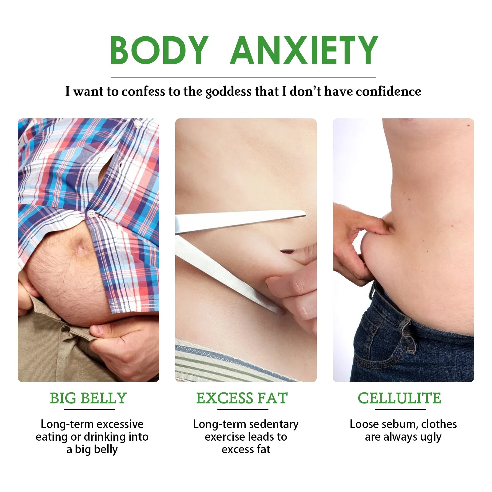 Three comparative images showing body anxiety scenarios: big belly, excess fat, and cellulite with descriptive labels