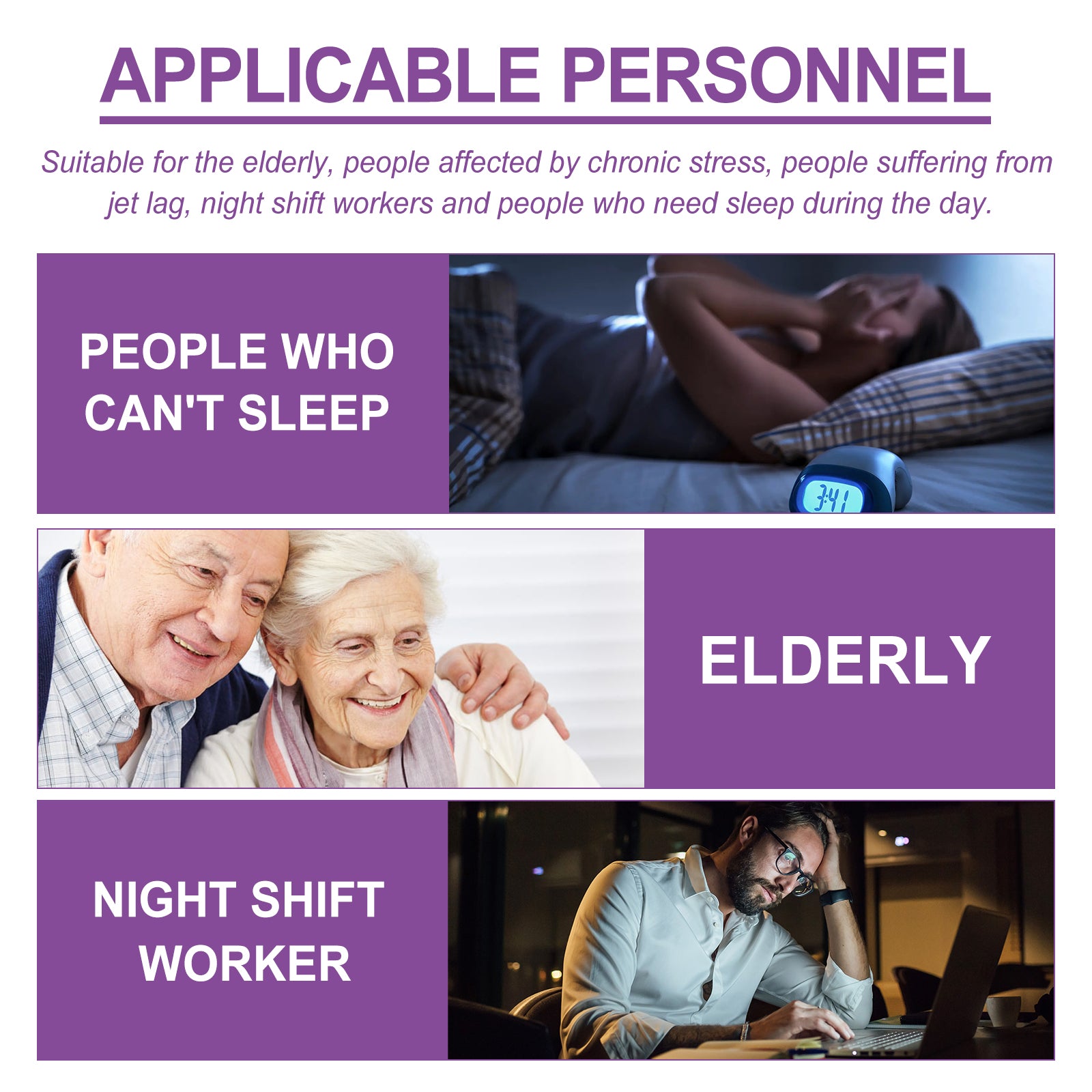 Man sleeping peacefully in bed with patches applied, with before/after comparison inset showing troubled sleep transitioning to restful sleep