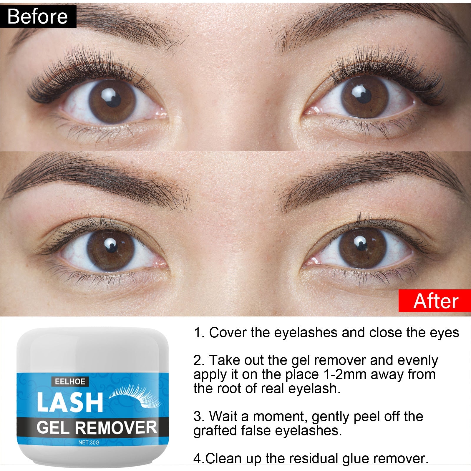 Woman applying lash gel remover with precision tool near eye; product jar visible; blue background with key benefits listed: Safety insensitivity, Clean thoroughly, Quick removal