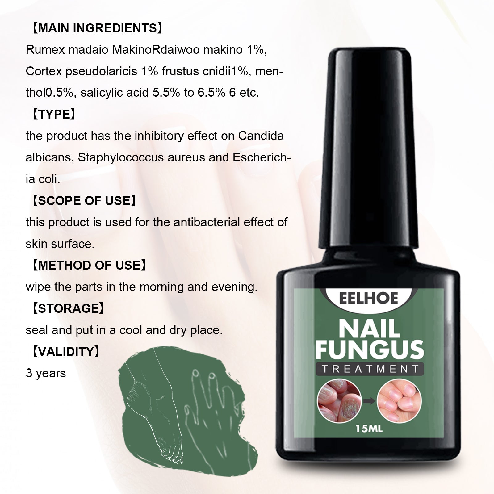 Seven circular close-up images of different nail problems (brittle, thick, discolored, deformed) with ingredient illustrations and application demonstration