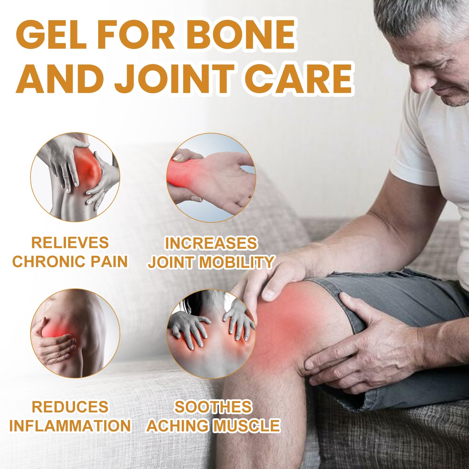 Medical diagram showing eight applicable body areas with red inflammation overlays: neck, shoulders, lower back, knee, ankle, elbow, wrist, and hip