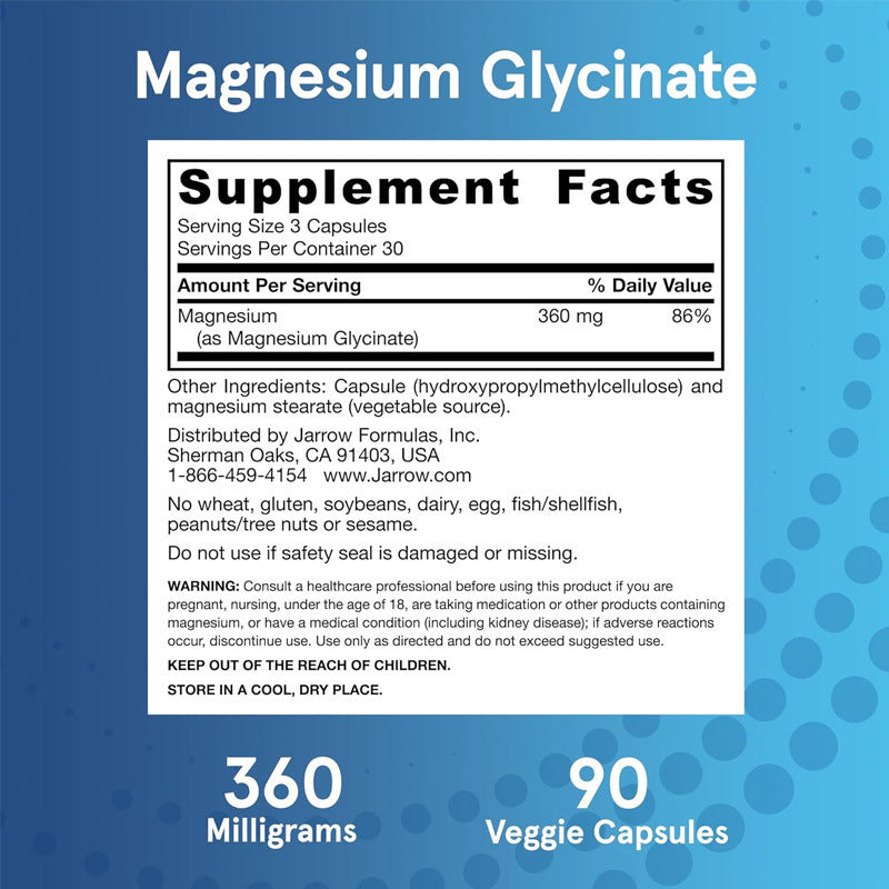 Blue supplement facts label showing 360mg magnesium per serving, 90 capsules total, ingredients list, and safety warnings