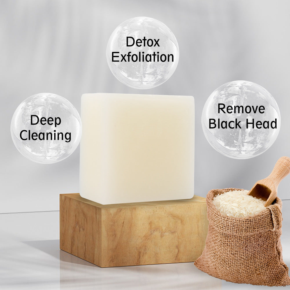 Soap bar displayed with benefit circles showing deep cleaning, detox exfoliation, and blackhead removal