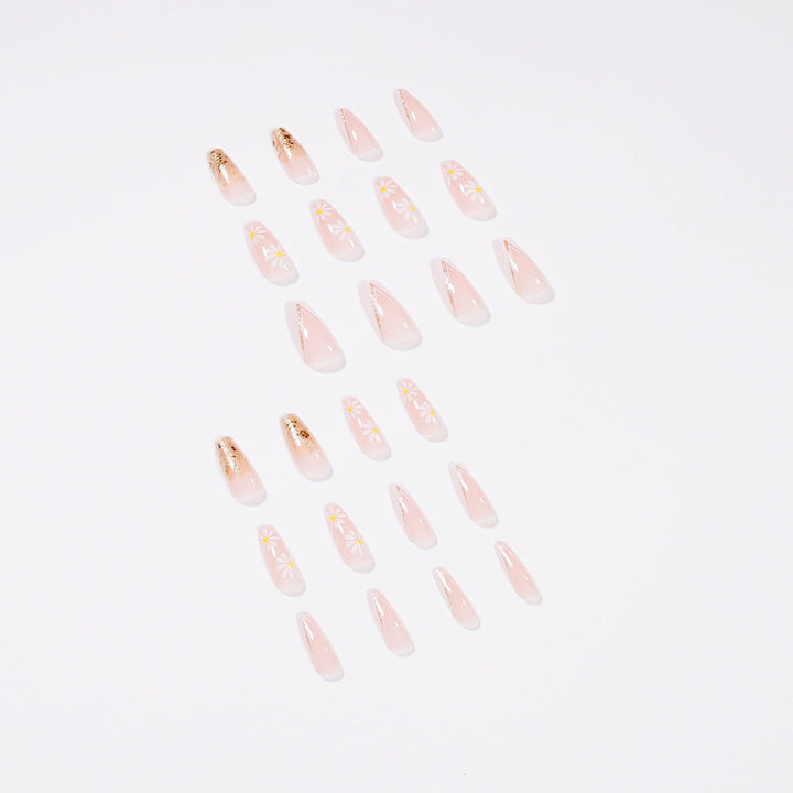 French Tip Press-On Nails with Gold Floral Accents