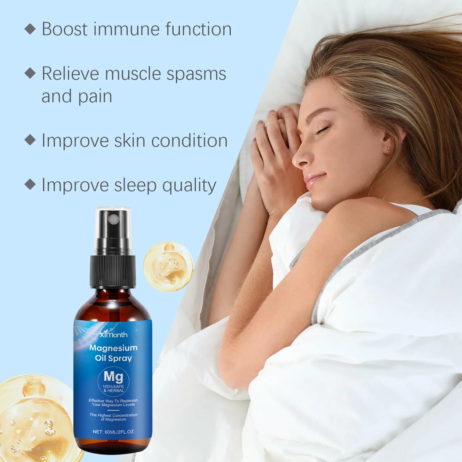 Woman sleeping contentedly on white pillow with product bottle and golden droplet illustrations; checklist of benefits displayed