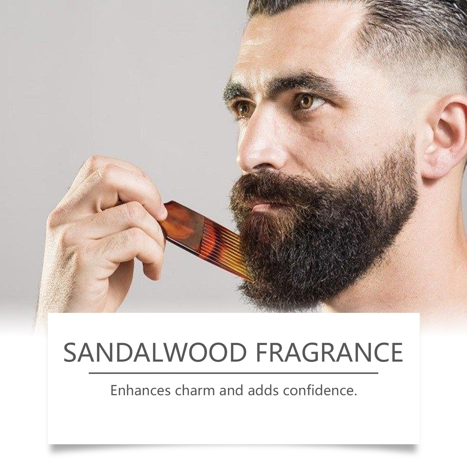 Side profile of man with long, thick, neatly maintained beard; text overlays highlight 'Deep Nourishment' and 'Softens Beard' benefits with natural ingredients