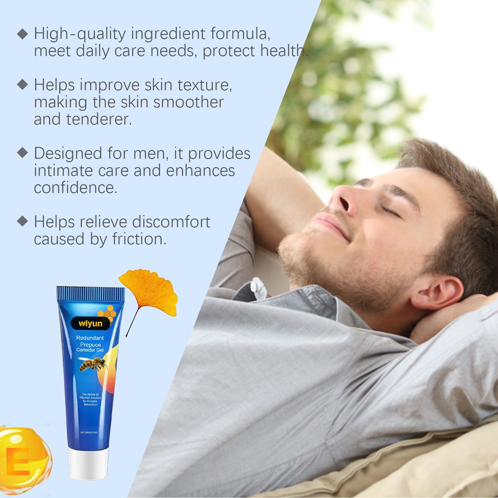 Young man in checkered shirt touching lower abdomen area with text overlays reading 'Comfortable Care' and 'Long-Lasting Moisturizing' with bee and honey imagery