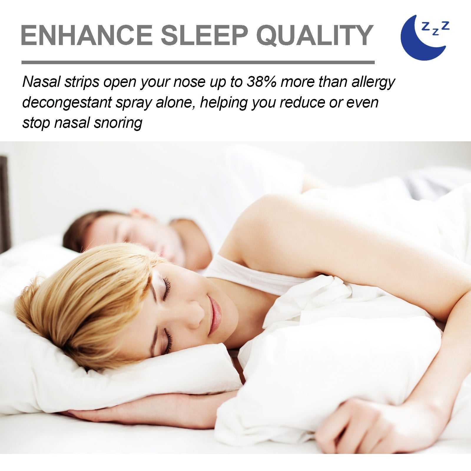 Man sleeping peacefully in white bedding with nasal patch applied across bridge of nose