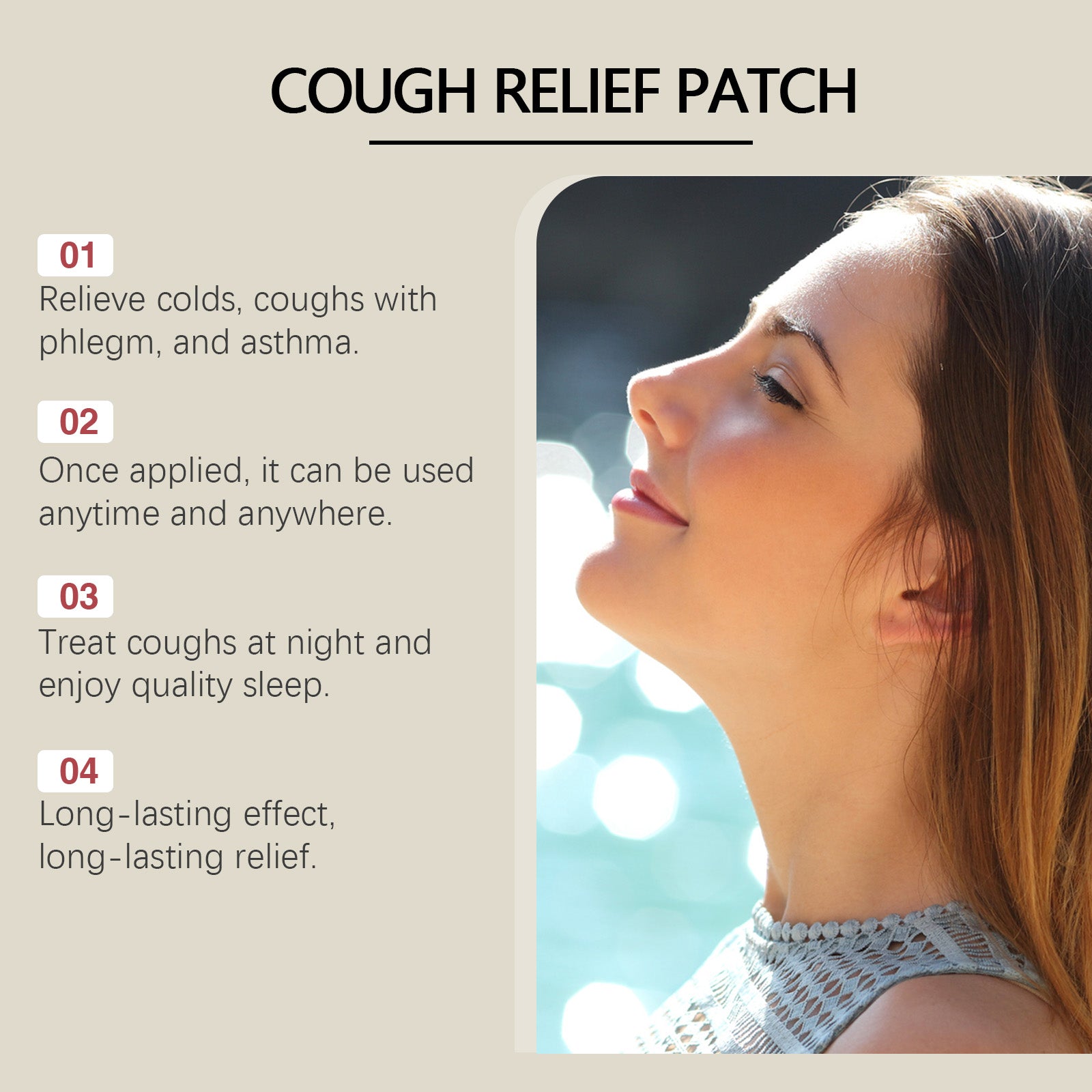 Infographic titled 'COUGH RELIEF PATCH' with 4 numbered benefits and profile image of calm woman with closed eyes outdoors