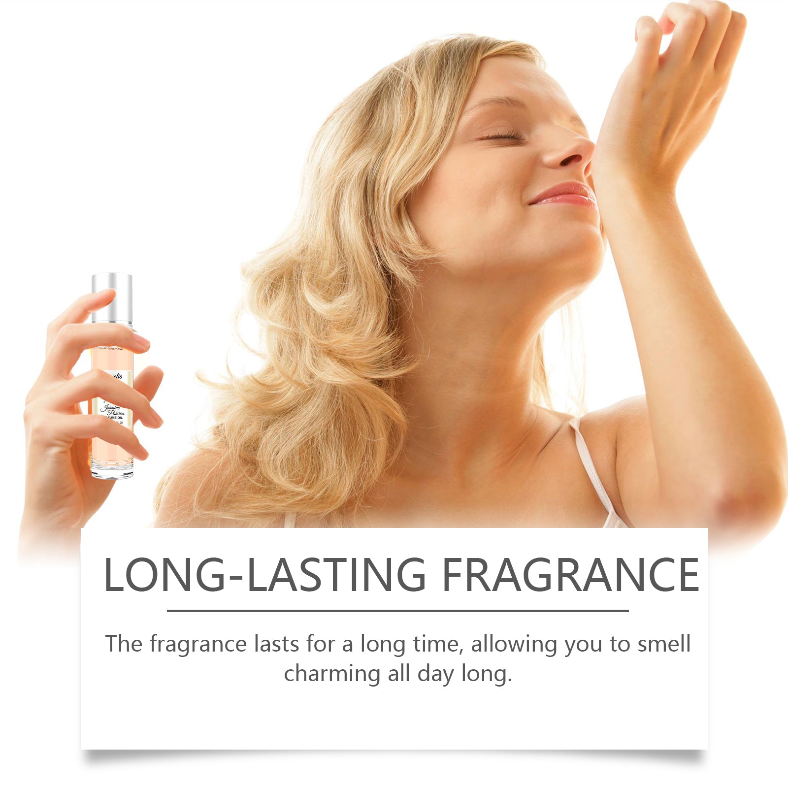 Hands applying perfume oil with product benefits text listing jasmine-amber combination, confidence claims, cedar extract, and gifting suitability