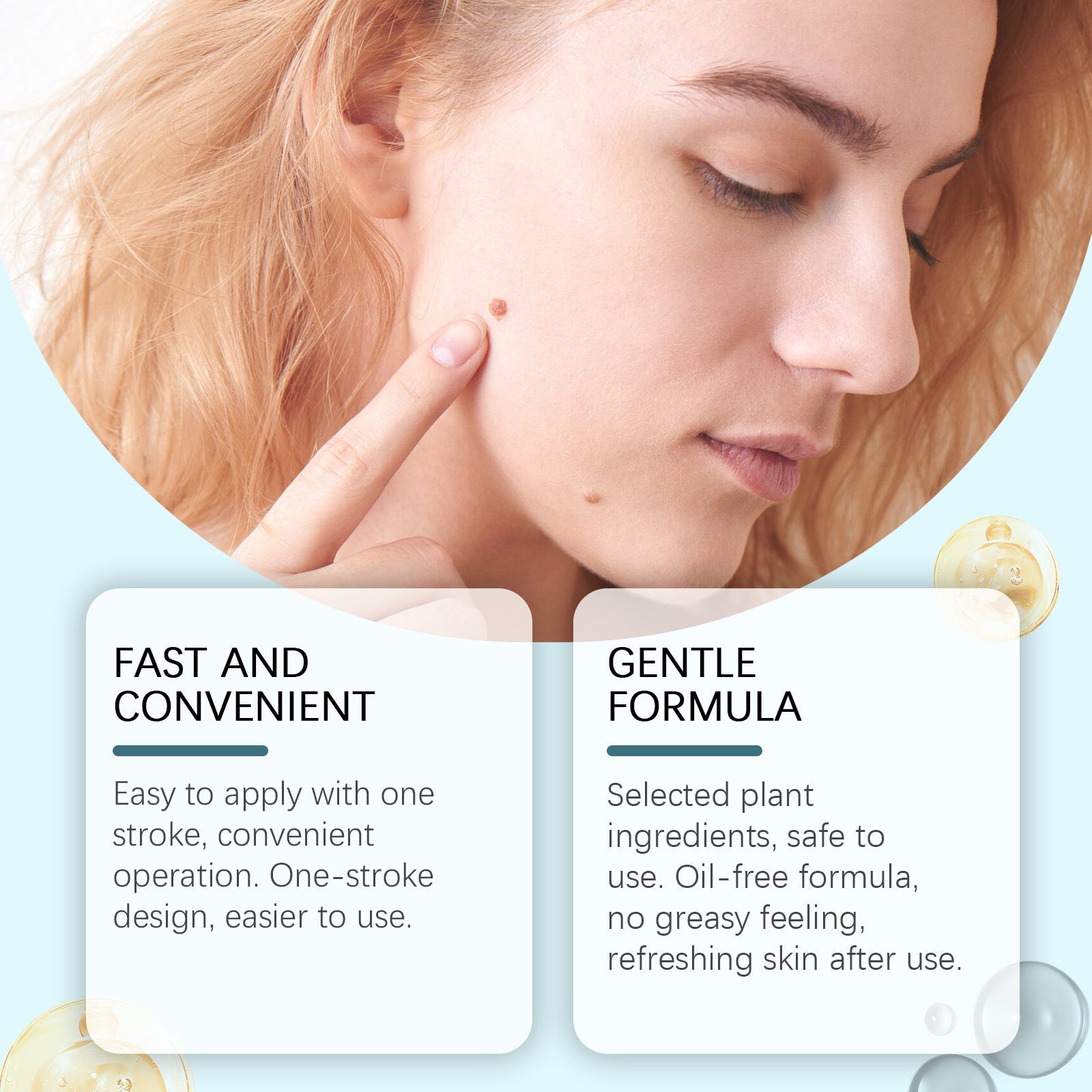 Woman with visible small red mole on cheek, positioned next to text boxes highlighting 'Fast and Convenient' and 'Gentle Formula' benefits