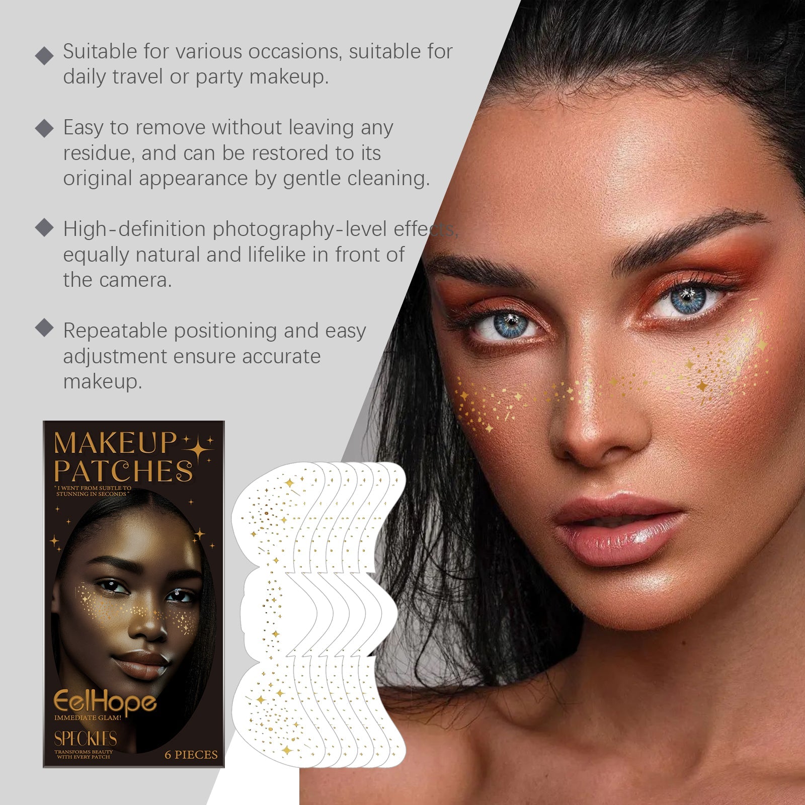 Three diverse models with different skin tones and freckle placement styles wearing red lipstick and the patches, with text cards highlighting 'Fine Freckles' and 'Various Styles'