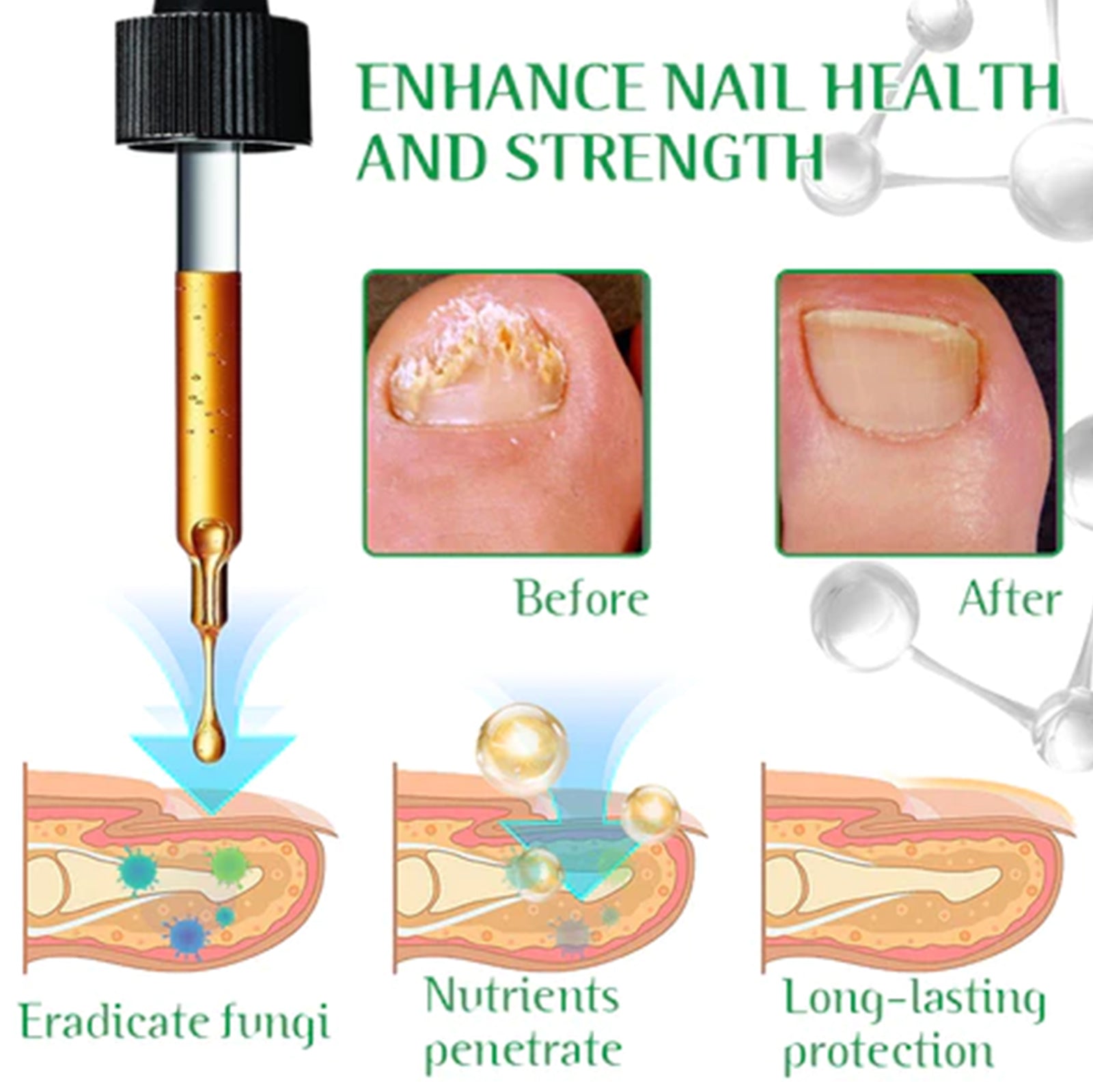 Lifestyle image with before/after nail transformation, healthy hands applying oil, product display, orchid flowers on mat