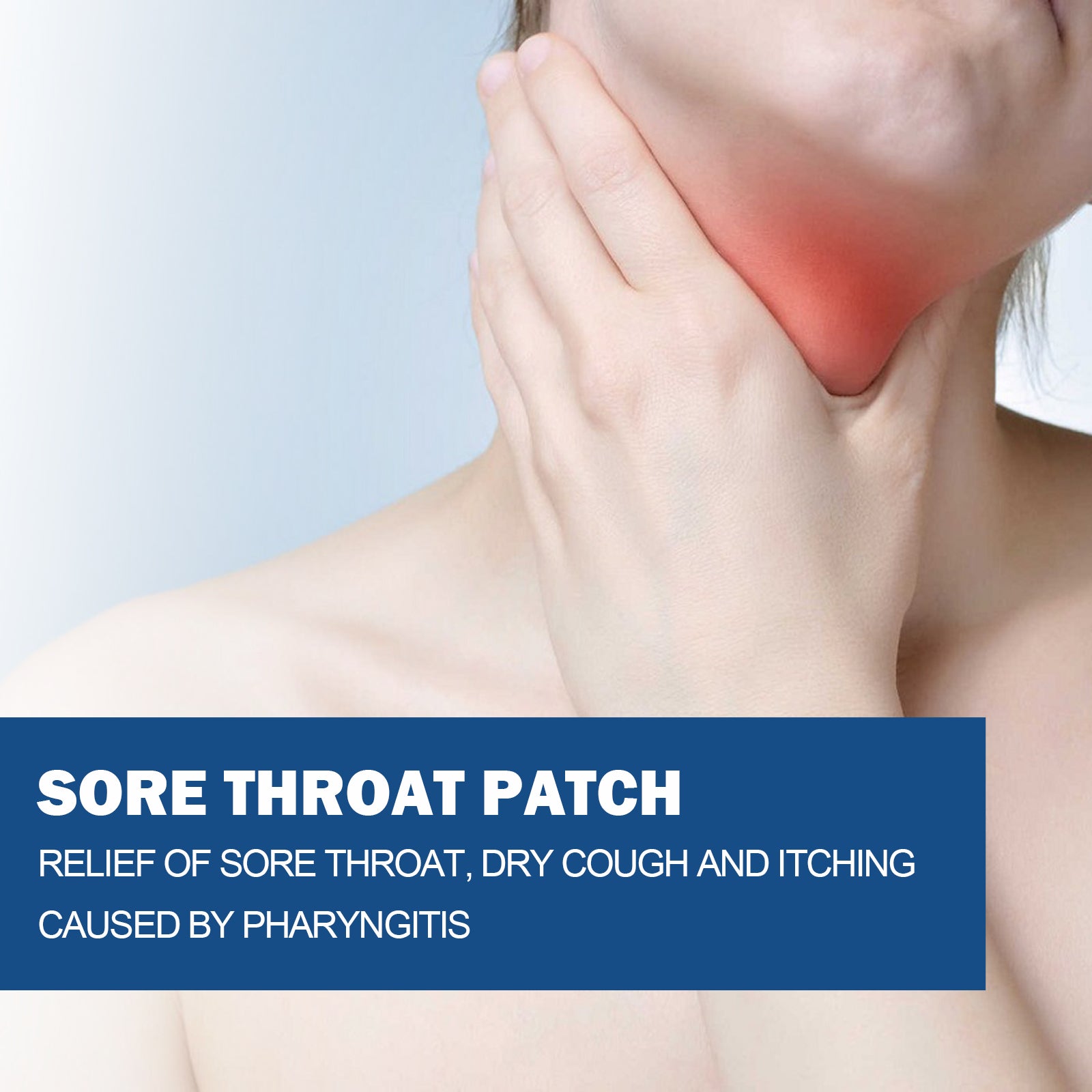 Side profile of person holding neck with inflammatory red glow visualization, blue background, product claim text overlay