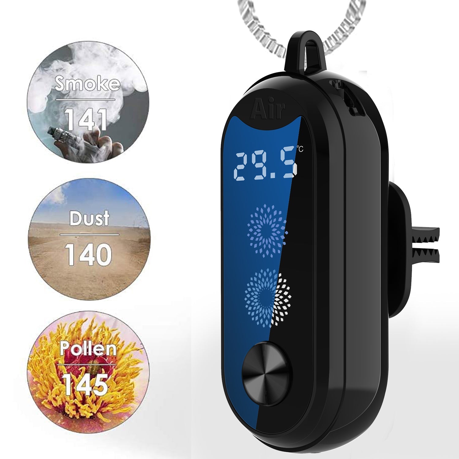 Three circular badges showing pollutant monitoring: Smoke 141, Dust 140, Pollen 145; device in center background