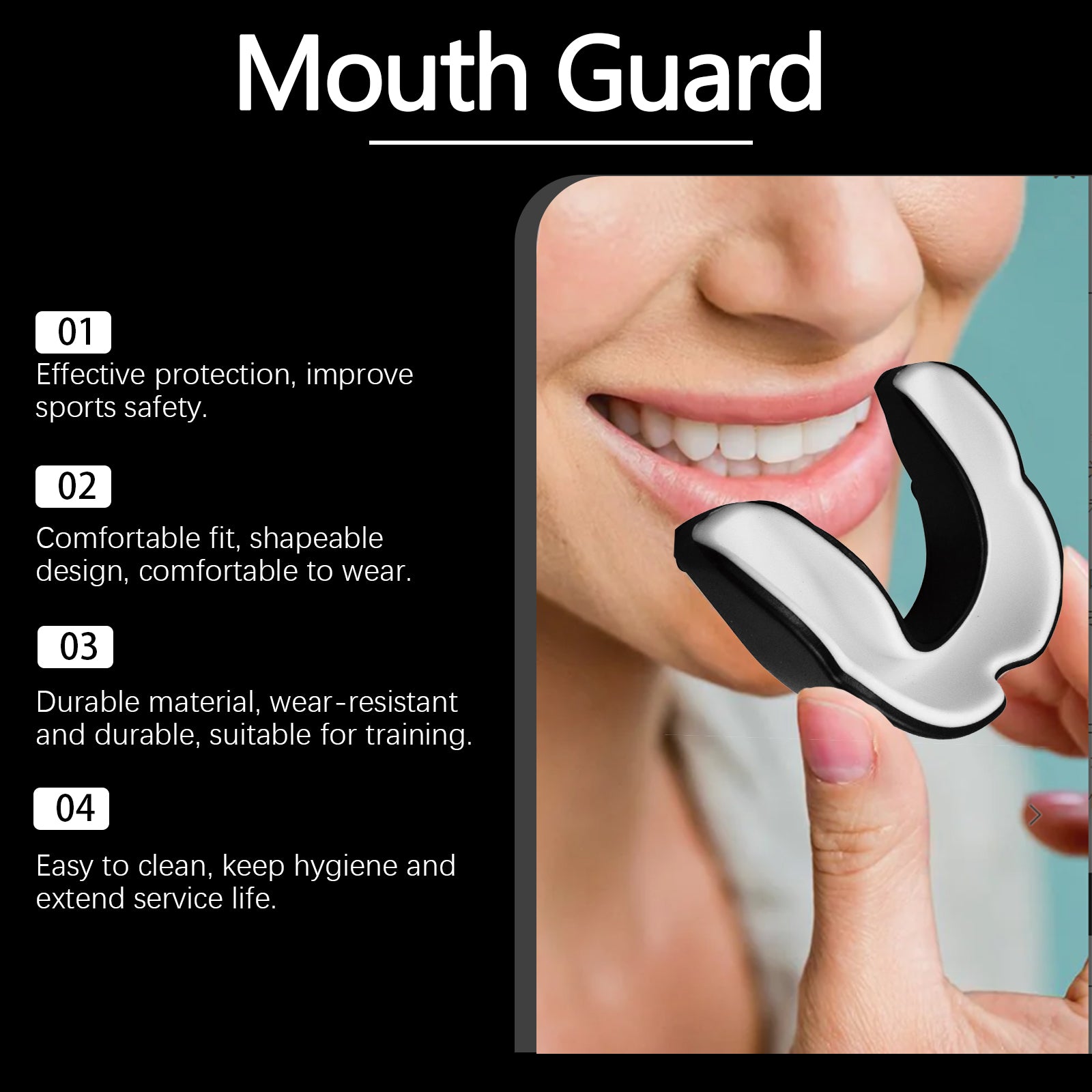 Close-up lifestyle shot of young person holding mouthguard near smiling mouth against teal background, with four numbered benefits listed: protection, comfort, durability, easy cleaning