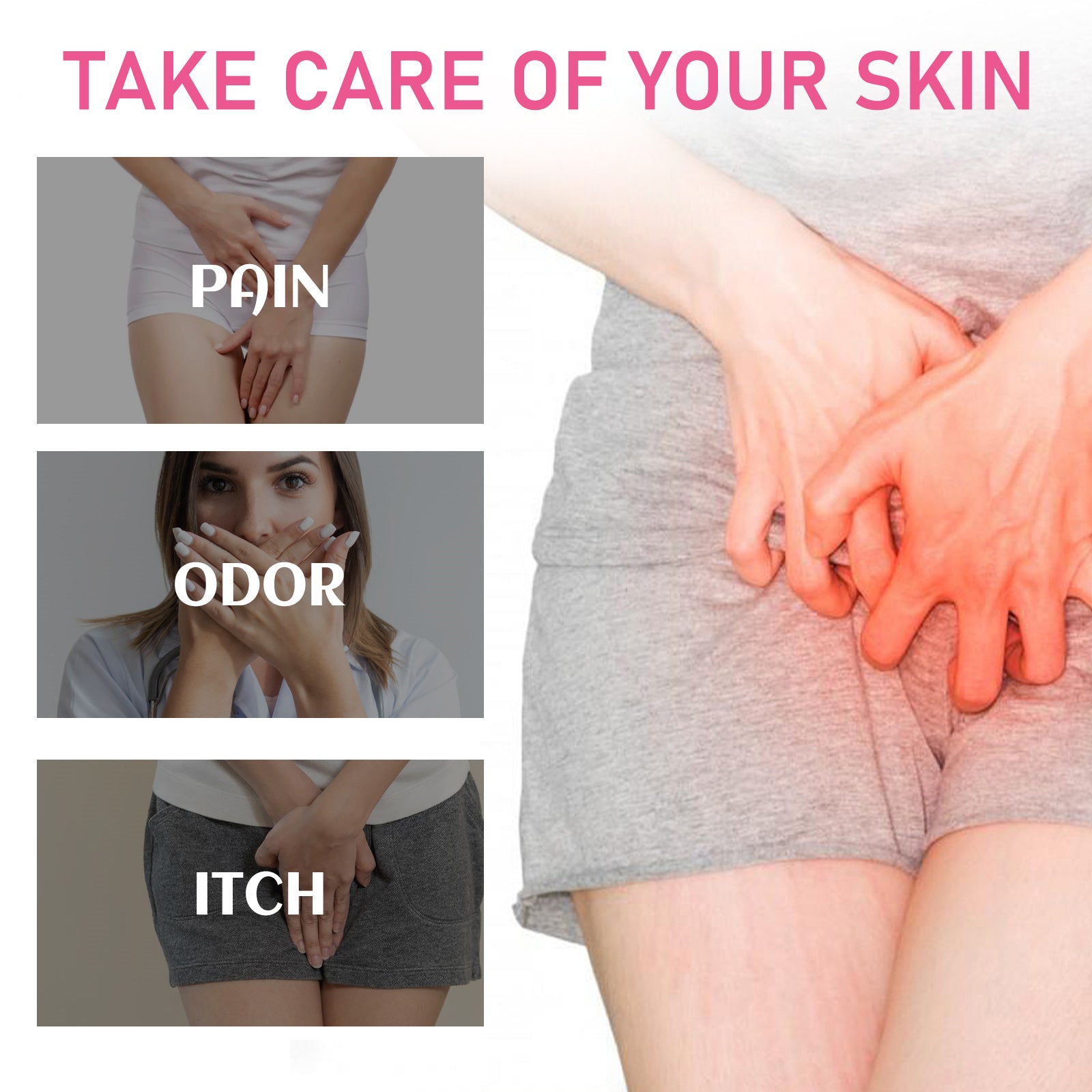 Grid showing three key pain points: pain sensation, odor concern, and itching discomfort with corresponding relief imagery