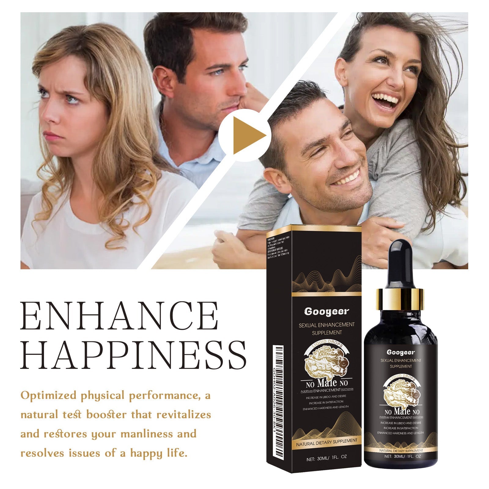 Before/after split showing couples transforming from disconnected to happy and confident, with play button overlay and 'Enhance Happiness' headline