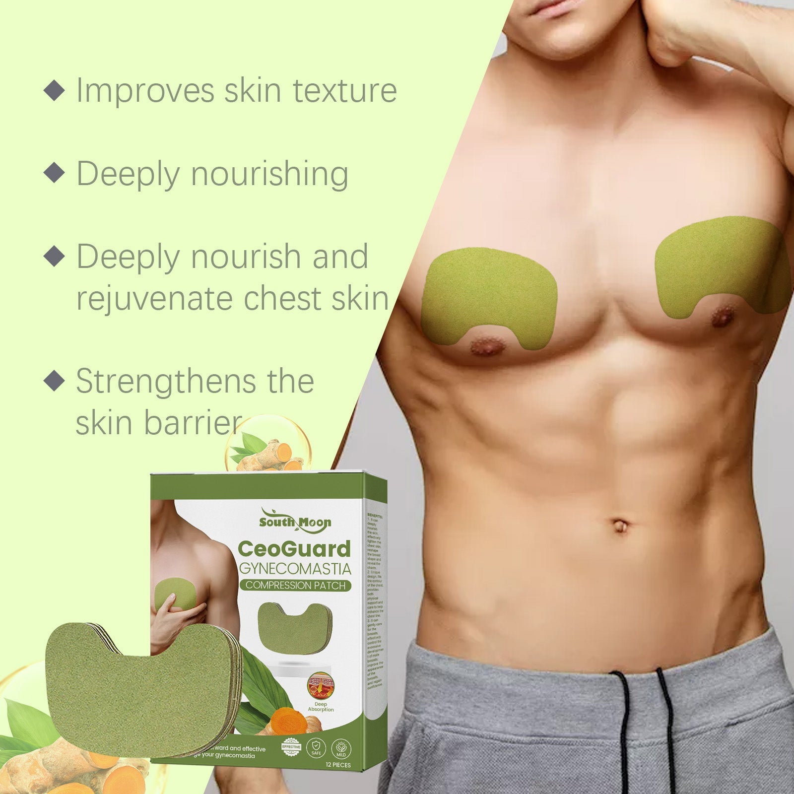 Shirtless male torso showing before/after result with patches applied on chest