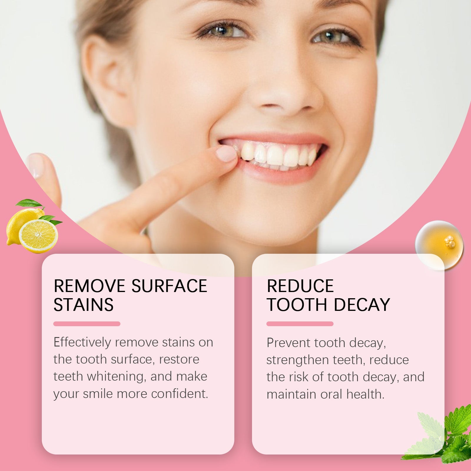 Close-up of woman's bright white smile and hands pointing to teeth against pink background with 'Long-Lasting Freshness' copy overlay