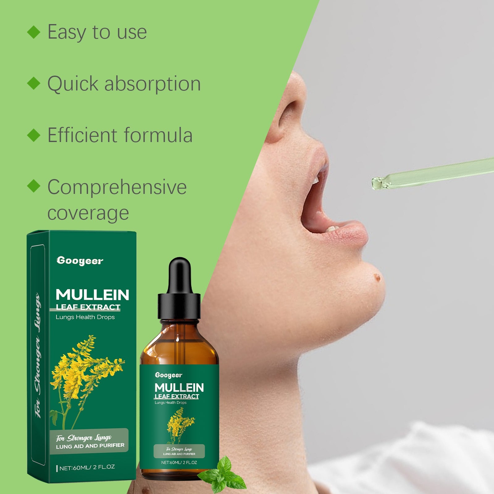 Product benefits displayed with profile of woman's throat and dropper bottle, listing Easy to use, Quick absorption, Efficient formula, Comprehensive coverage