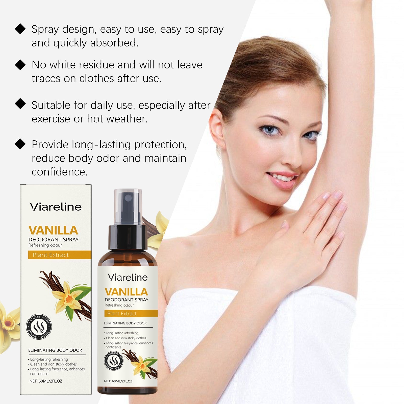 Close-up lifestyle image of woman showing clean, fresh underarms with product benefit callouts for long-lasting antiperspirant and herbal aroma